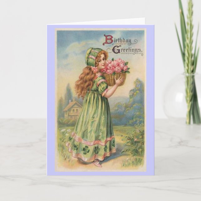 Victorian girl roses vintage birthday card (Front)