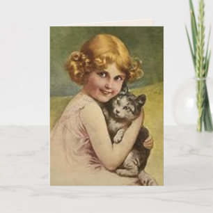 VICTORIAN GIRL WITH CAT VINTAGE Greeting Card