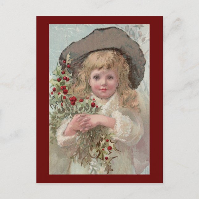 Victorian Girl with Christmas Holly Holiday Postcard (Front)