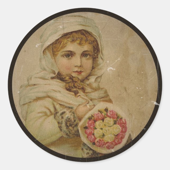 Victorian Girl with Christmas Roses Classic Round Sticker (Front)