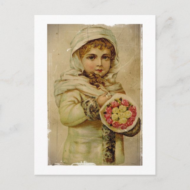 Victorian Girl with Christmas Roses Holiday Postcard (Front)