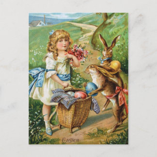 Victorian Girl with Easter Bunnies & Eggs Post Holiday Postcard