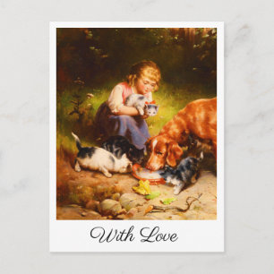 Victorian Girl with Kittens and Dog Art With Love  Postcard
