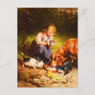 Victorian Girl with Kittens and Dog Fine Art  Postcard