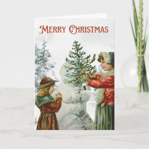 Victorian Girls Building a Snowman Card