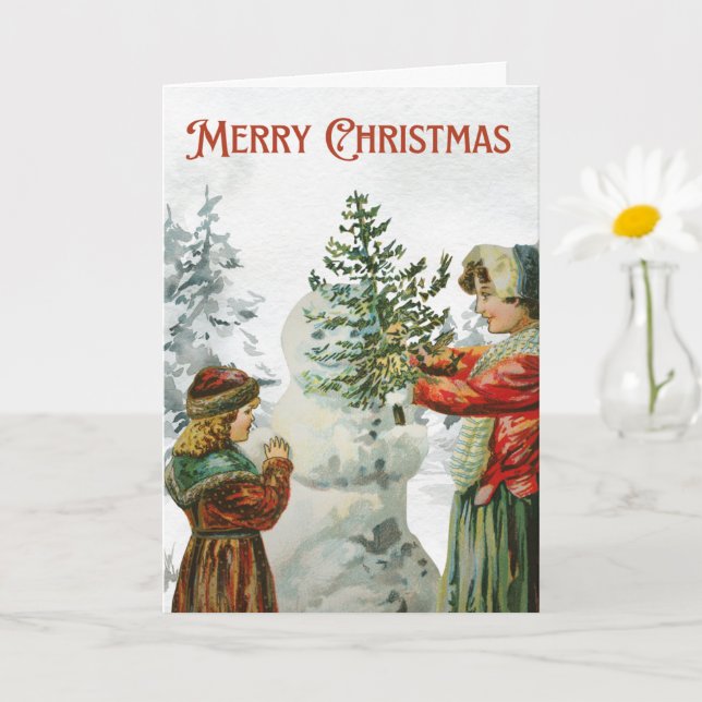 Victorian Girls Building a Snowman  Card (Small Plant)