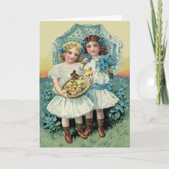 Victorian Girls Easter Chick Forget Me Not Umbrell Holiday Card (Front)