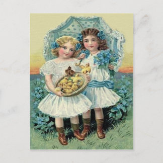 Victorian Girls Easter Chick Forget Me Not Umbrell Holiday Postcard