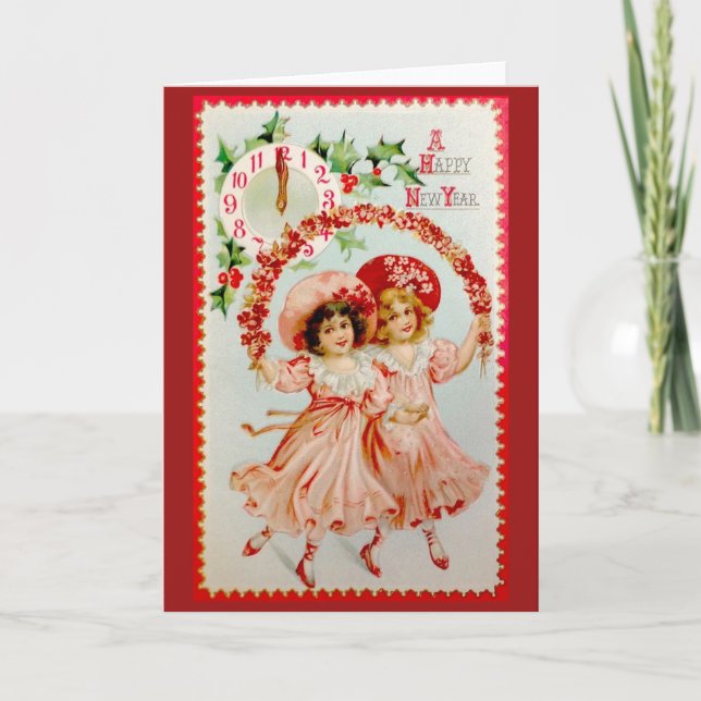 Victorian Girls New Year Greeting Card (Front)