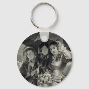Victorian girls umbrella rainy day black white key ring