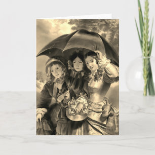 Victorian girls umbrella rainy day victorian lady card