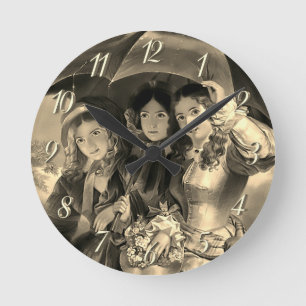 Victorian girls umbrella rainy day victorian lady round clock