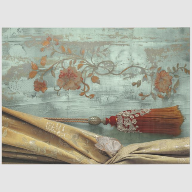 Victorian Glam Gold Drape Red Tassel Teal Floral Tissue Paper (Front)