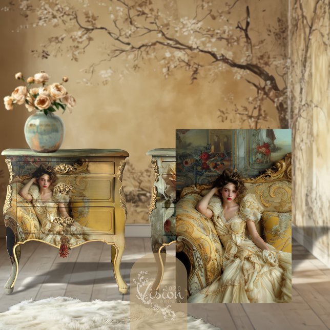 Victorian Glam Lady Gold Baroque Sofa Cream Gown Tissue Paper (Victorian lady portrait propped beside gold and teal decoupaged chests tree mural backdrop)