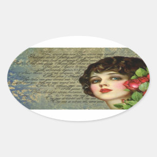 Victorian Glamour Girl w/ Red Rose Oval Sticker
