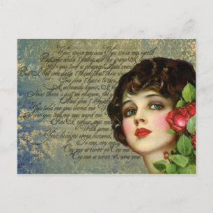 Victorian Glamour Girl w/ Red Rose Postcard