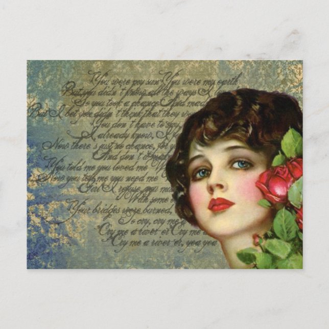 Victorian Glamour Girl w/ Red Rose Postcard (Front)