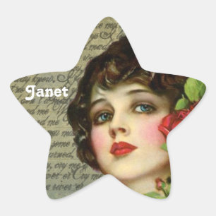 Victorian Glamour Girl w/ Red Rose Star Sticker