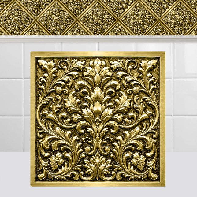Victorian Gold Embossed Metal Damask Ceiling Tile (Victorian Gold Embossed Metal Damask Ceiling Ceramic Tile)