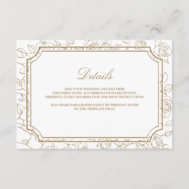 Victorian Gold Floral Line Art Wedding Details Enclosure Card (Front)