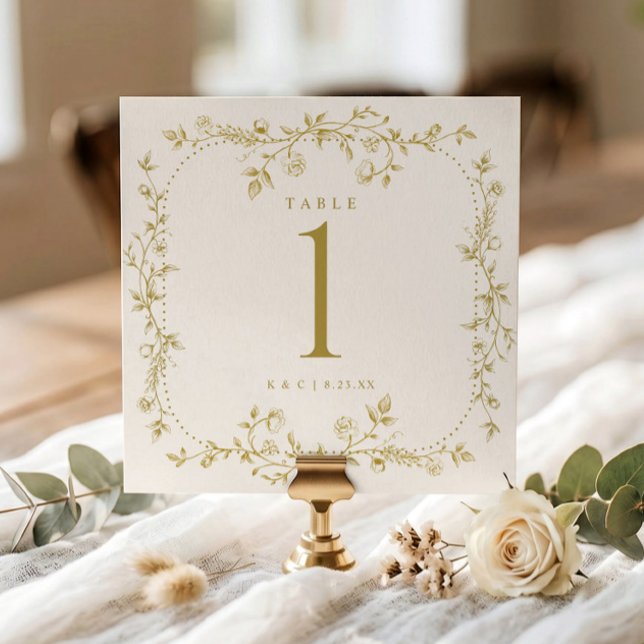 Victorian Gold & Ivory Wedding Table Numbers (Gold and ivory square wedding table number with vintage French floral frame.)