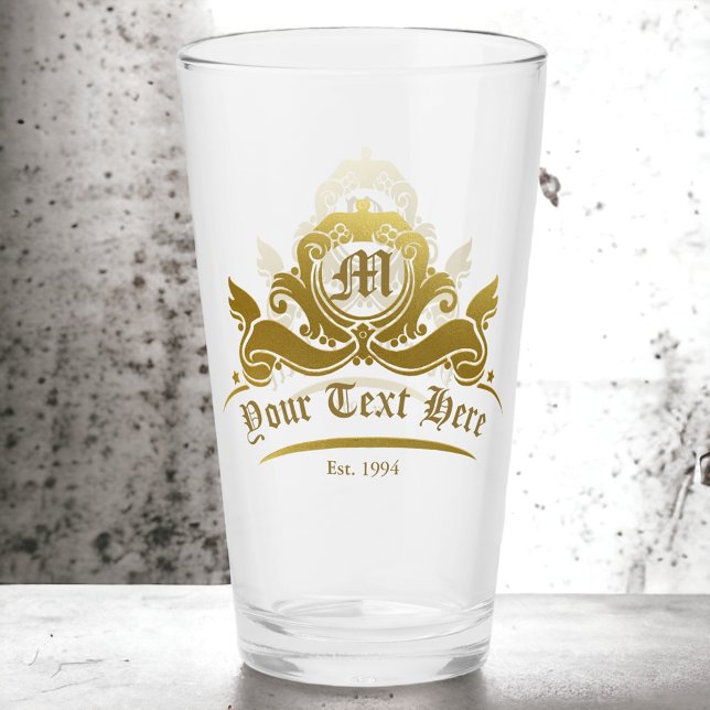 Victorian Gold Monogram Custom Text Pint Bar Glass (Creator Uploaded)