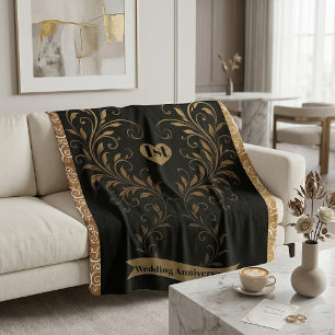 Victorian Gold Ornate Floral Swirls Black Vintage  Sherpa Blanket