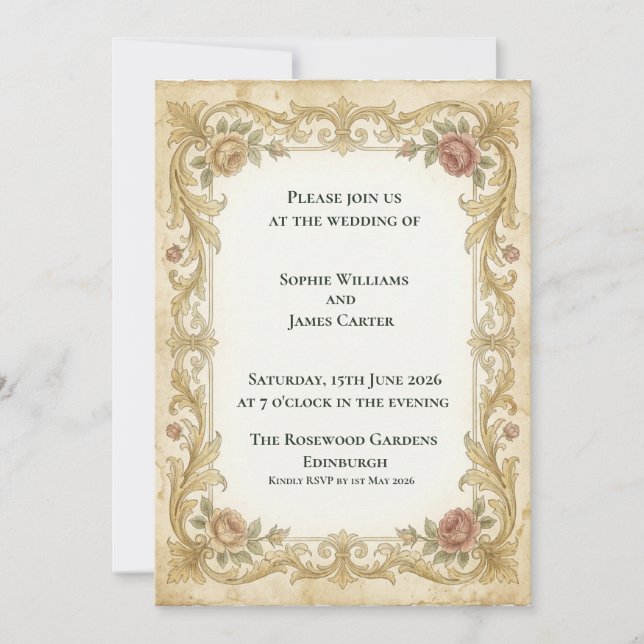 Victorian Gold Rose Wedding Invitation (Front)
