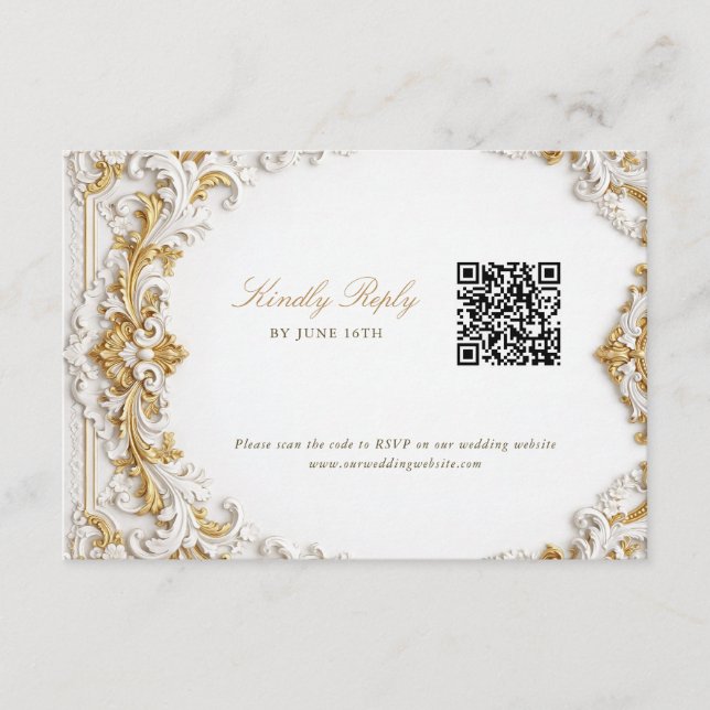 Victorian Gold & White Baroque RSVP with QR Code Enclosure Card (Front)