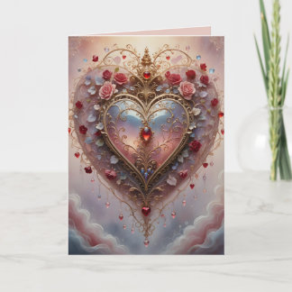 Victorian golden heart, roses and flowers, vintage card