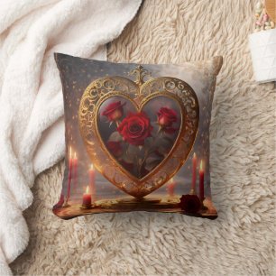 Victorian golden heart with red roses, vintage cushion