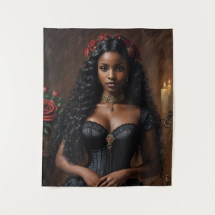 Victorian Goth Black Woman With Red Roses Tapestry