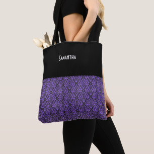Victorian Goth Purple Black Brocade Damask Name Tote Bag