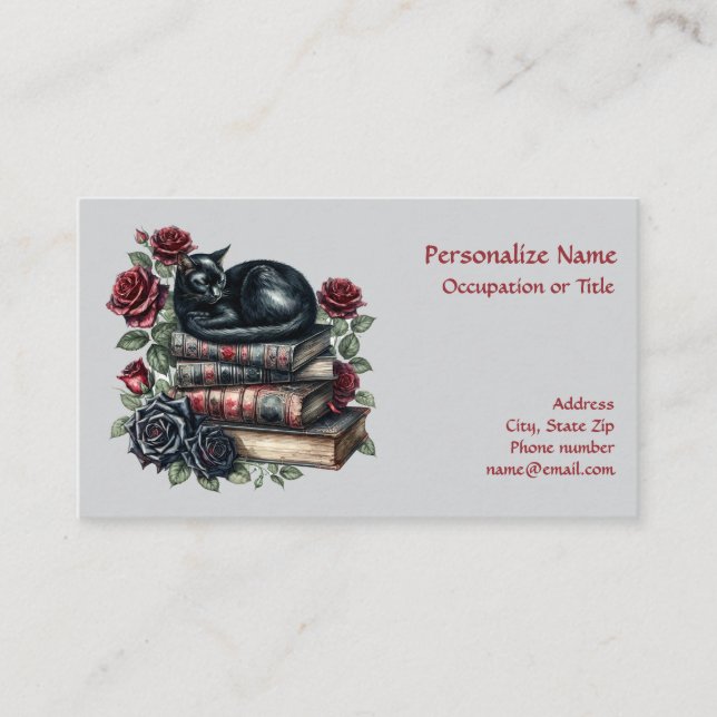 Victorian Gothic Black Cat Antique Books Roses Business Card (Front)