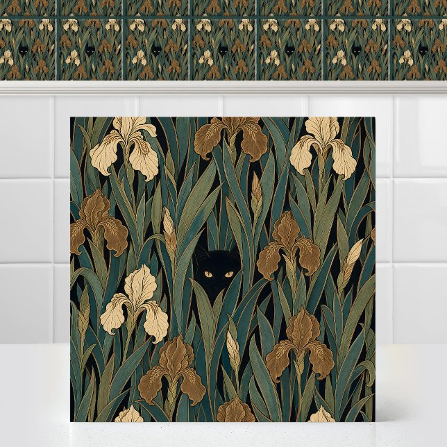 Victorian Gothic Black Cat Iris Foliage Tapestry Tile (Antique Art Nouveau Pattern Victorian Gothic Black Cat Iris Foliage Tapestry Ceramic Tile)
