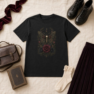 Victorian Gothic Death Head Moth Burgundy Roses T-Shirt
