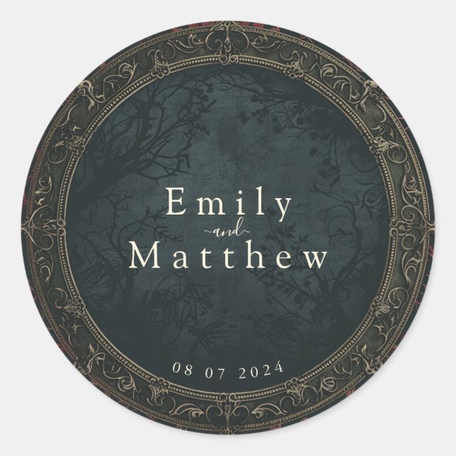 Victorian Gothic Elegance Wedding Classic Round Sticker (Front)