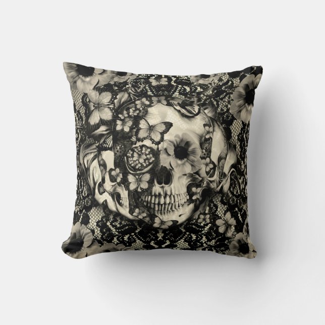 Victorian Gothic floral lace skull Cushion (Front)