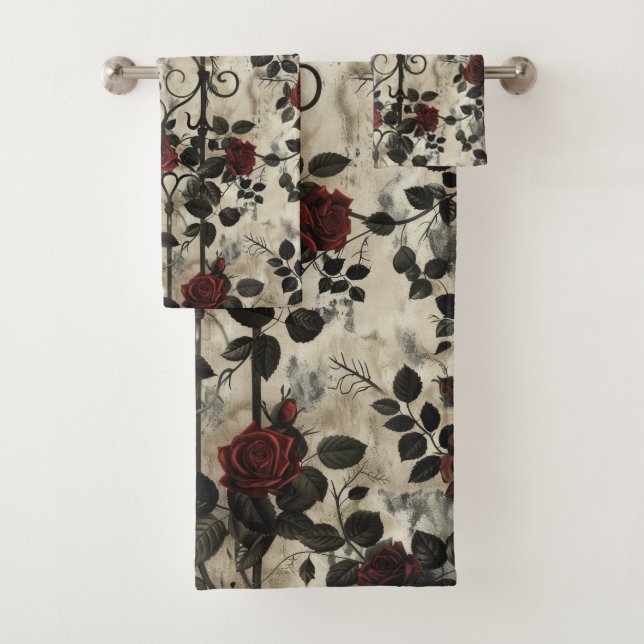 Victorian Gothic Garden Roses Pattern Bath Towel Set (Insitu)