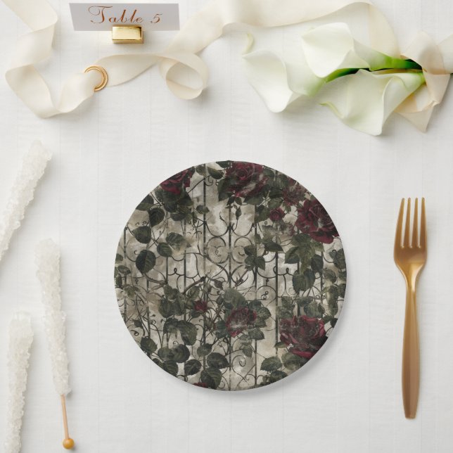 Victorian Gothic Garden Roses Pattern Paper Plate (Wedding)