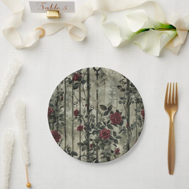 Victorian Gothic Garden Roses Pattern Paper Plate (Wedding)