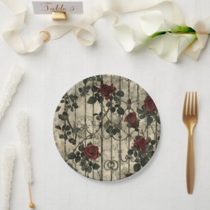 Victorian Gothic Garden Roses Pattern Paper Plate