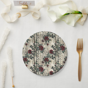 Victorian Gothic Garden Roses Pattern Paper Plate