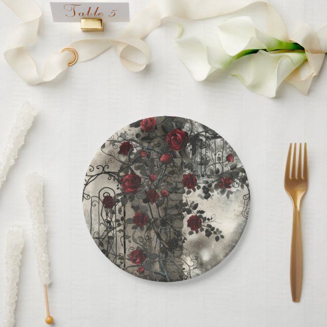 Victorian Gothic Garden Roses Pattern Paper Plate (Wedding)