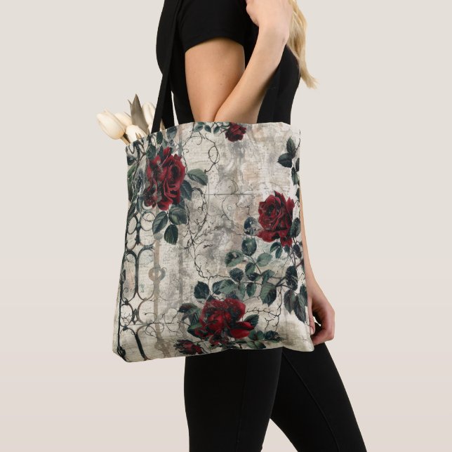 Victorian Gothic Garden Roses Pattern Tote Bag (Close Up)