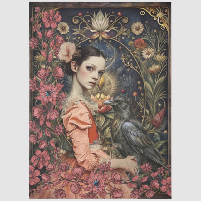 Victorian Gothic Girl & Black Raven Floral Collage Tissue Paper (Front)