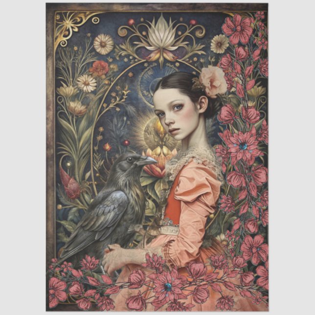 Victorian Gothic Girl & Black Raven Floral Collage Tissue Paper (Front)