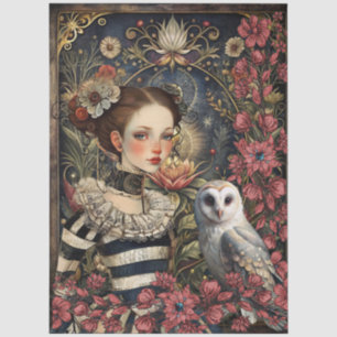 Victorian Gothic Girl White Owl Floral Collage Tissue Paper