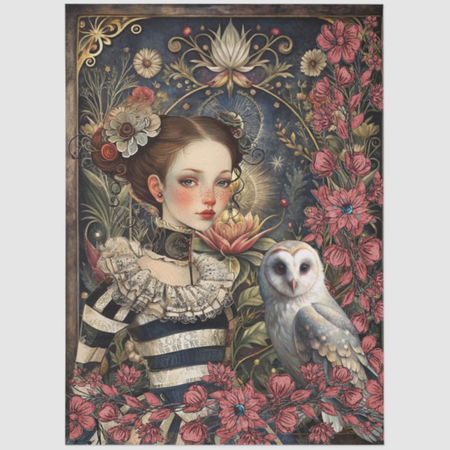 Victorian Gothic Girl White Owl Floral Collage Tissue Paper (Front)