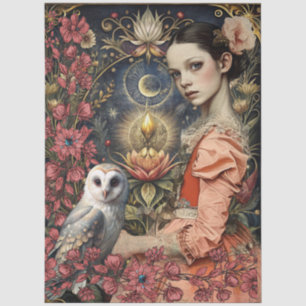 Victorian Gothic Girl White Owl Floral Collage Tissue Paper
